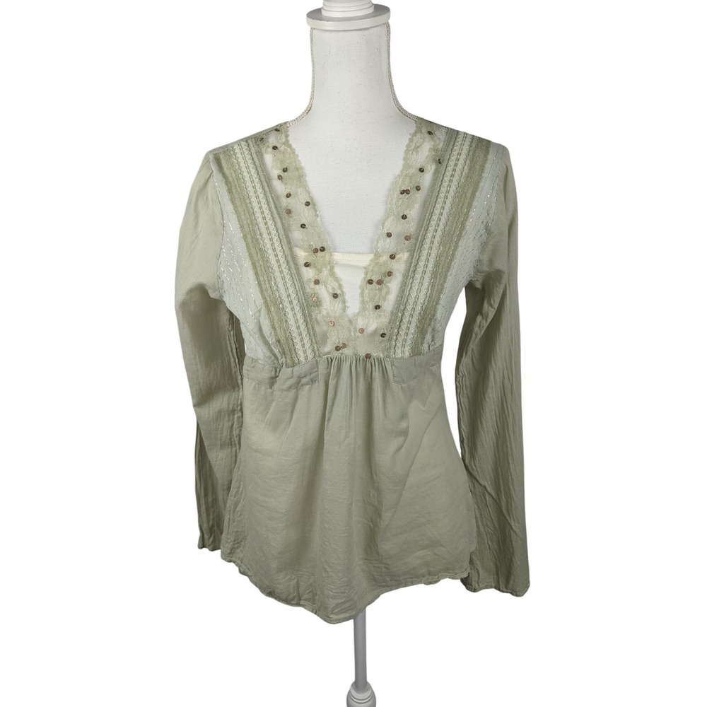 Fang Sage Green Lace Sequin Cotton Gauze Boho Blouse V-Neck Back Tie Medium Y2K